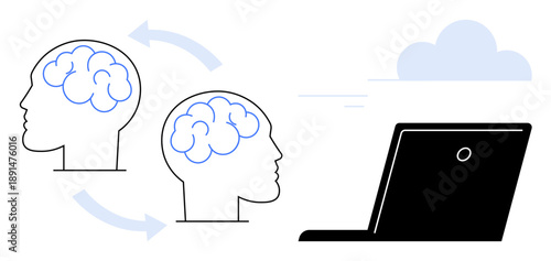 Artificial intelligence, brain-to-computer interface, digital transformation, neural networks, data exchange, cognitive technology. Two human brain outlines with arrows and a laptop. AI