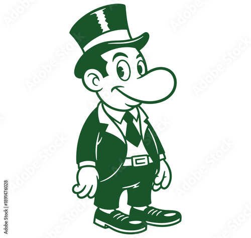 Green cartoon character in suit and hat standing alone