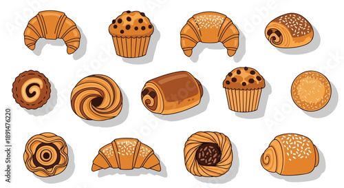 A delightful assortment of golden baked treats and pastries illustration showcasing croissants muffins and various sweet rolls perfect for breakfast
