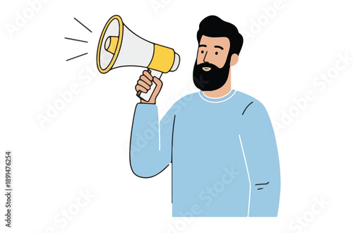 Man with beard holding megaphone speaking loudly in blue sweater on white background