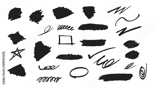 A collection of various black ink strokes and shapes on a white background