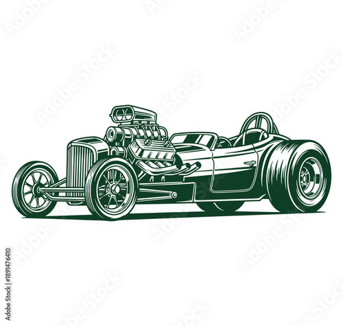 Green vintage hot rod car with large engine isolated on white background