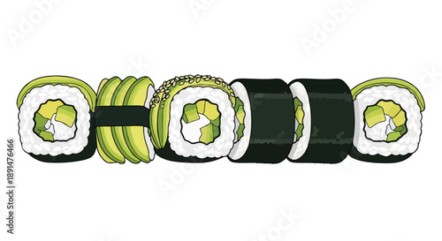 Vibrant Green Vegetarian Sushi Array with Avocado, A Delicious and Healthy Asian Cuisine Delight
