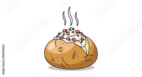 A delightful steaming baked potato illustration brimming with creamy topping savory bacon bits and fresh green chives a hearty and comforting