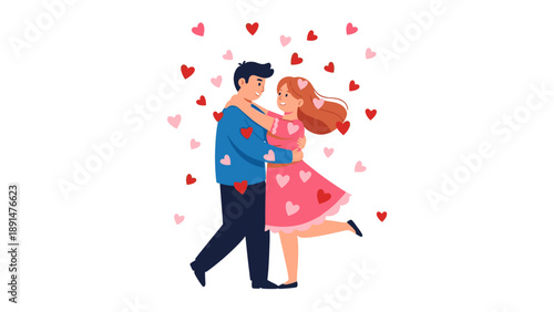A romantic couple dancing with hearts.
