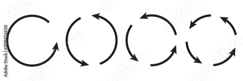 Set of circle arrows rotating on white background. Refresh, reload, recycle, loop rotation sign collection. Black circle arrows for infographics web design. Vector illustration flat style clip art