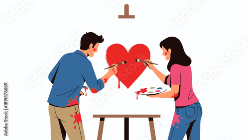 Couple painting a heart together creatively.