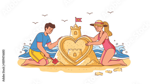 Couple building heart shaped sandcastle.