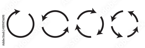 Set of circle arrows rotating on white background. Refresh, reload, recycle, loop rotation sign collection. Black circle arrows for infographics web design. Vector illustration flat style clip art