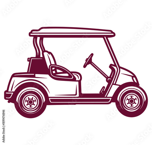 Maroon golf cart on white background  side view of a classic golf buggy