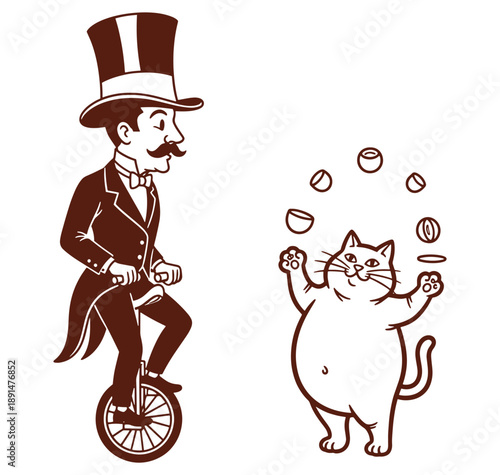man riding unicycle with juggling cat performing circus act together in brown tones