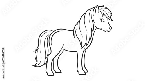 Majestic Pony Illustration: A charming line art depiction of a graceful pony, its mane and tail flowing elegantly, evoking a sense of tranquility and the beauty of the equine world.