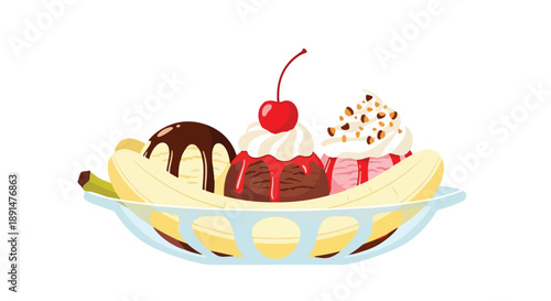 Classic banana split dessert, a vibrant illustration of a sweet treat with diverse ice cream flavors and toppings.