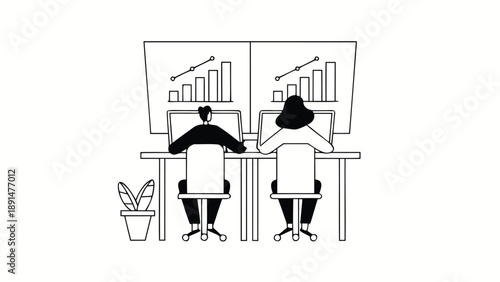 Two business executives collaborate at office desks with computers and graphs on screens