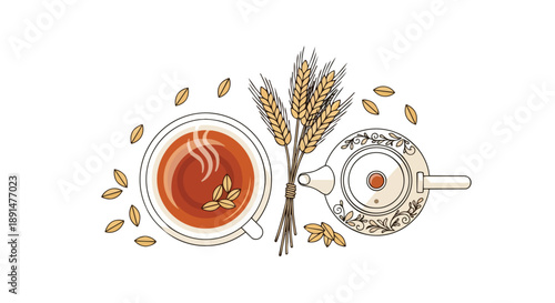 Warm beverage illustration with wheat and teapot evoking comfort