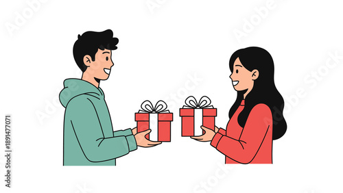 Man and woman exchanging gift boxes.