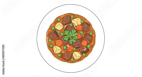 A visually appealing illustration of a robust and comforting stew, filled with tender meat, colorful vegetables, and a rich, savory gravy, artfully