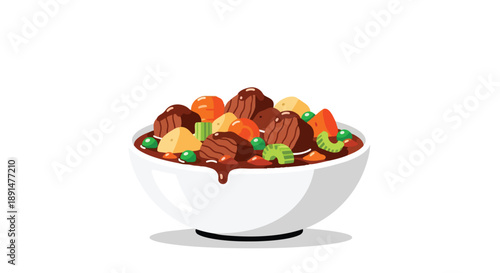 A comforting bowl of rich, savory stew featuring tender meat chunks, bright peas, carrots, potatoes, and celery, all immersed in a thick, delicious
