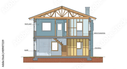 Architectural cross-section of a two-story house construction showing roof joists, stud walls and brick foundation.