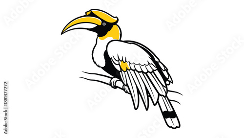 Hornbill Perched: An artistic illustration of a majestic hornbill, showcasing its striking plumage and distinctive casque. The bird perches gracefully on a branch, epitomizing the elegance of nature.