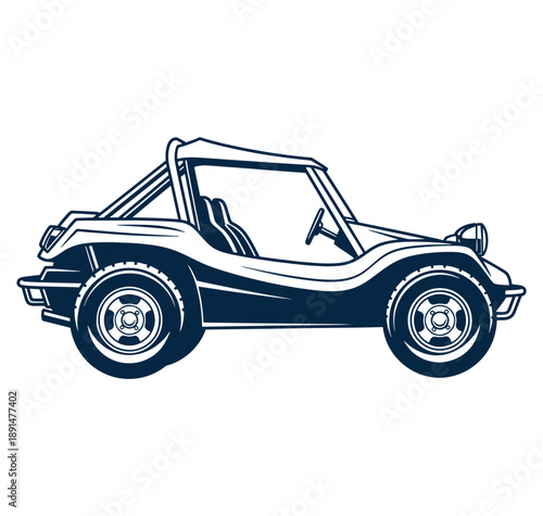 Side view of a convertible offroad vehicle with large tires and open top