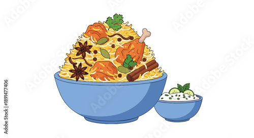 Delicious, aromatic chicken biryani illustration, generously piled in a blue bowl with whole spices, tender chicken, and fresh herbs, served with