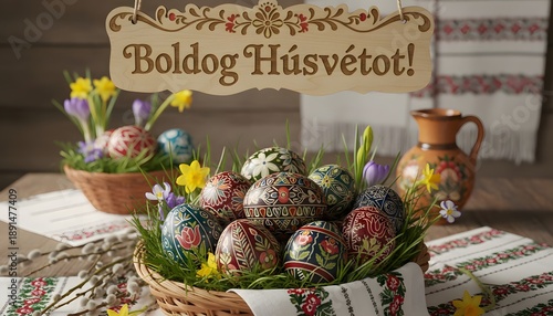 Traditional Hungarian Easter card with folk patterns and decorated eggs for cultural celebration.