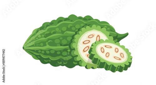 Vibrant illustration of a whole bitter gourd and two fresh slices, revealing its distinctive texture and internal seeds, perfect for healthy eating