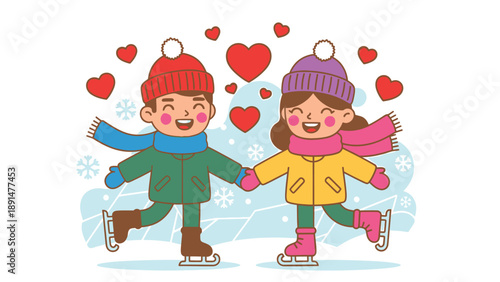 happy children ice skating together outdoors.