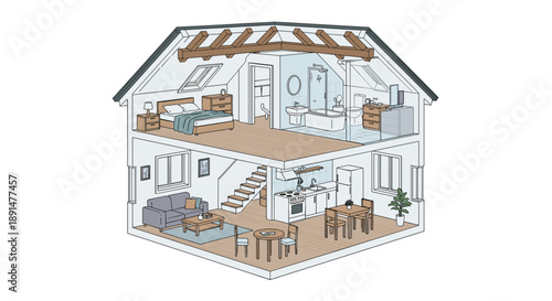 Modern 3D cutaway view of a small two-story house interior with living room, kitchen, bedroom and bathroom.