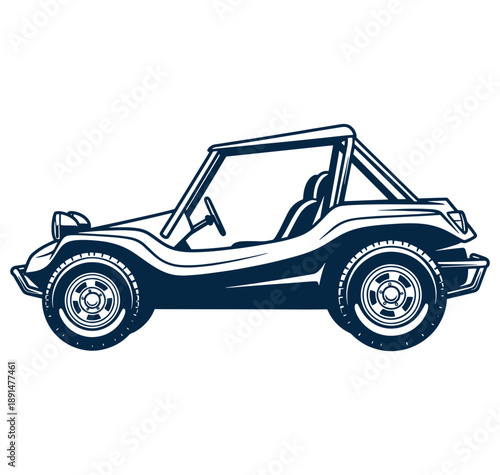 Side view of a dark blue convertible dune buggy on white background