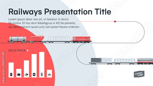 Railway transportation of goods. Presentation cover template containing rolling stock including shunting locomotives