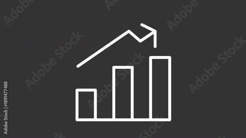 Animated bar chart and rising arrows white line icon. Commercial performance growth animation. Infographic showing business development. Isolated element on dark background. Alpha transparent video