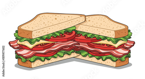 Artistic depiction of a classic club sandwich with layered bacon, lettuce, tomato, and cheese on toasted bread.