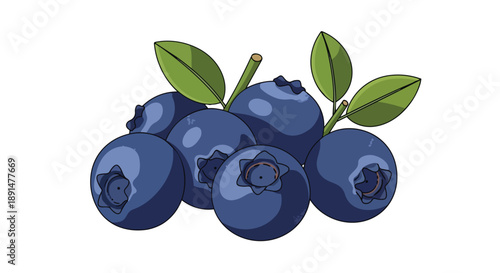 Vibrant blue berries with lush green leaves on a pristine white backdrop digital illustration