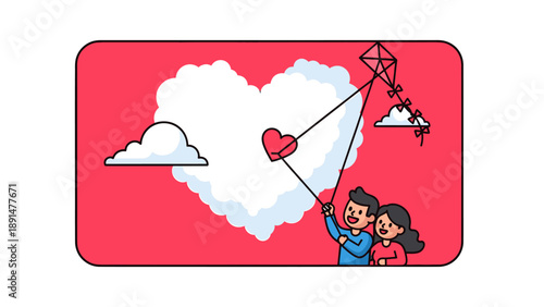 Couple flying heart shaped kite outdoors.