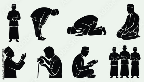 Muslim Prayer Rituals and Islamic Salat Silhouette Icon Set