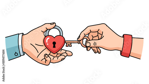 hands holding heart shaped lock and key.
