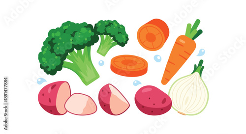 A colorful collection of fresh, healthy vegetables with broccoli, carrots, potatoes, and onion ready for cooking