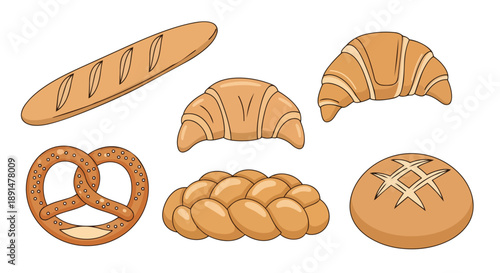 A vibrant illustration of diverse freshly baked items features a long baguette golden croissants a classic pretzel a braided loaf and a rustic round