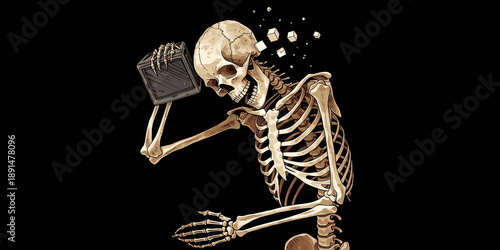 Skeleton skull bone tablet technology digital glitch black background, creepy undead character smashing device, pixel fragment flying, dark horror illustration for halloween poster, stress concept