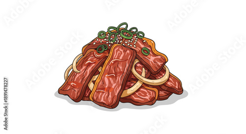 Delicious marinated meat strips with green onions and sesame seeds, a vibrant food illustration for menus.