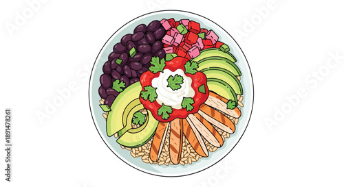 Vibrant and healthy meal bowl illustration with diverse ingredients, a perfect representation of nutritious eating.