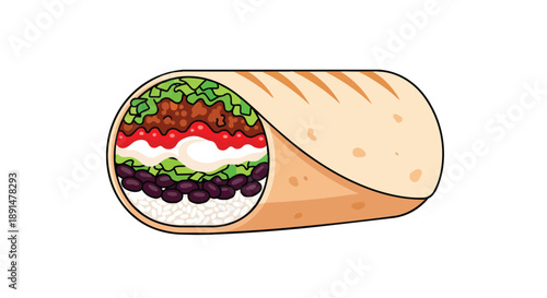 Colorful, appetizing cartoon illustration of a hearty burrito generously filled with fresh, diverse ingredients