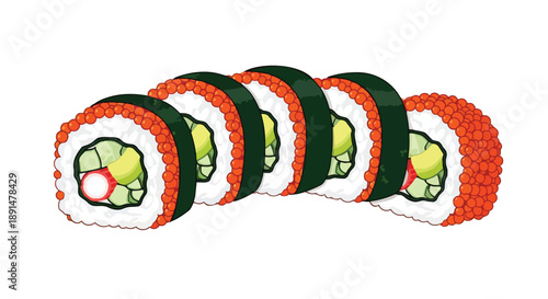 Delicious stylized sushi rolls illustration, six vibrant uramaki pieces with bright orange roe, avocado, crisp cucumber, and crab stick, fresh Asian