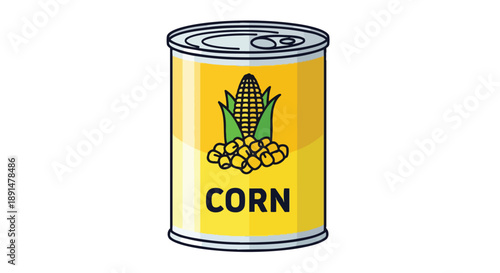 Colorful illustration of a vibrant yellow canned corn product, ready for cooking