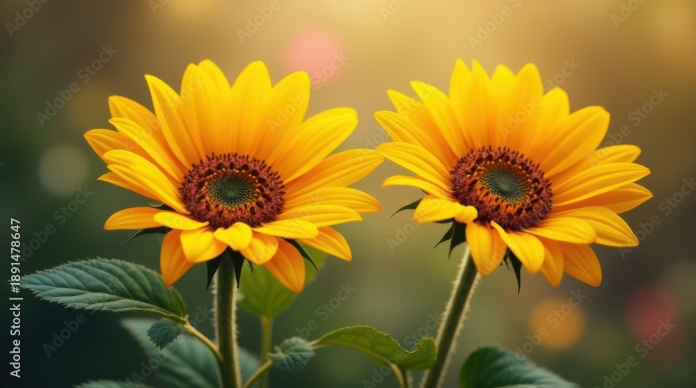 Fototapeta premium two yellow sunflowers with brown centers, set against a blurred background of lights 