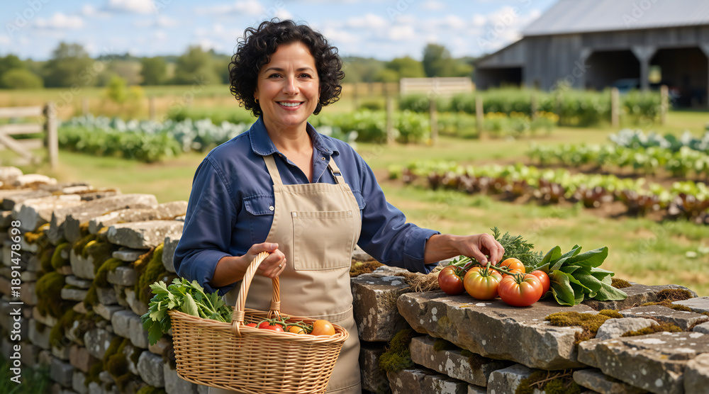 Fototapeta premium Smiling female farmer holding a basket of vegetables in a garden. Organic agriculture and healthy food concept