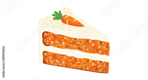 Deliciously layered carrot cake slice illustration with rich cream cheese frosting and a charming marzipan carrot garnish dessert pastry bakery