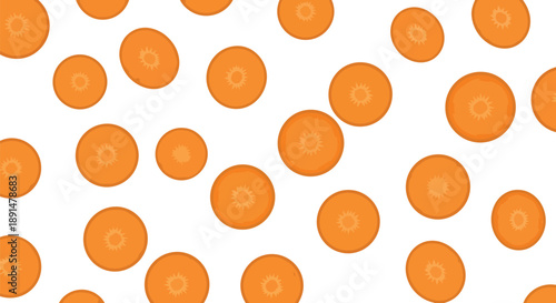 Vibrant orange carrot slices are neatly arranged in a delightful seamless pattern on a pristine white background symbolizing fresh healthy nutrition